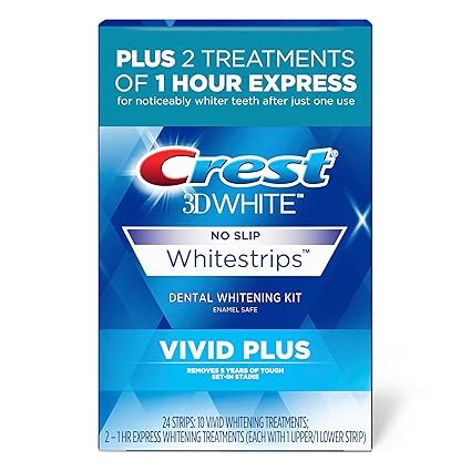 Crest 3DWhitestrips Vivid Plus Whitestrips 3D White, 10 Treatments + 1 Hour Express 2 Treatments Teeth Whitening Kit, 8 Levels Whiter, Crest Teeth Whitening Strips