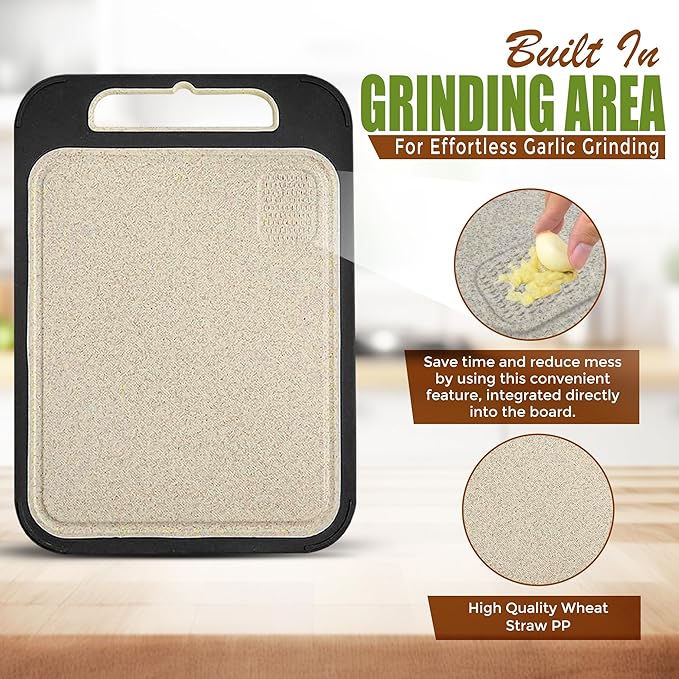 Double-Sided Cutting Board - Stainless Steel Cutting Board - Wheat Straw for Kitchen, for Meat, Veggies & Fruits – Metal Chopping Board with Easy Grip Handle, Dishwasher Safe (1, Large)