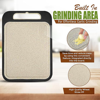 Double-Sided Cutting Board - Stainless Steel Cutting Board - Wheat Straw for Kitchen, for Meat, Veggies & Fruits – Metal Chopping Board with Easy Grip Handle, Dishwasher Safe (1, Large)
