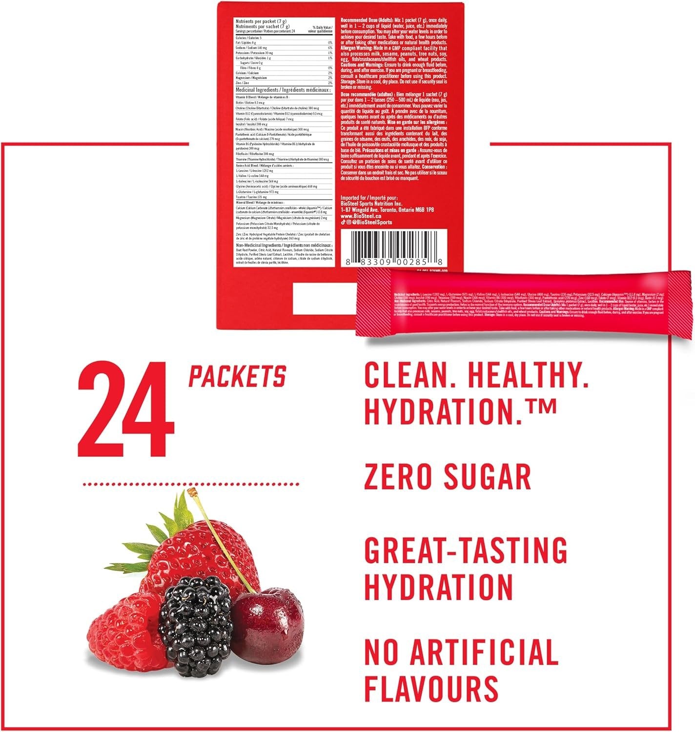 BioSteel Hydration Mix, Proudly Canadian - Great Tasting Hydration with Zero Sugar, and No Artificial Flavours or Preservatives, Mixed Berry Flavour, 24 Single Serving Packets