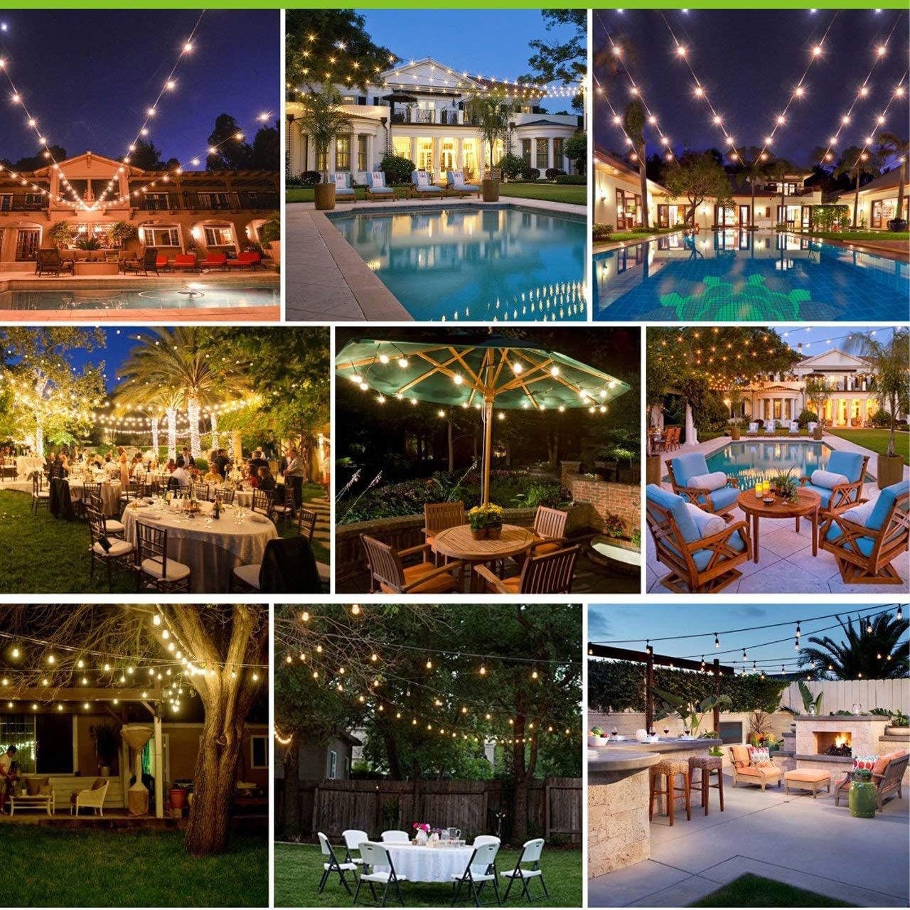 LED Outdoor String Lights- Geecol 49Ft Waterproof IP65 Commercial Grade S14 Heavy Duty Festoon String Light 15 Hanging Sockets with 15 S14 2W LED Bulb Warm White 2700K for Party Patio Garden