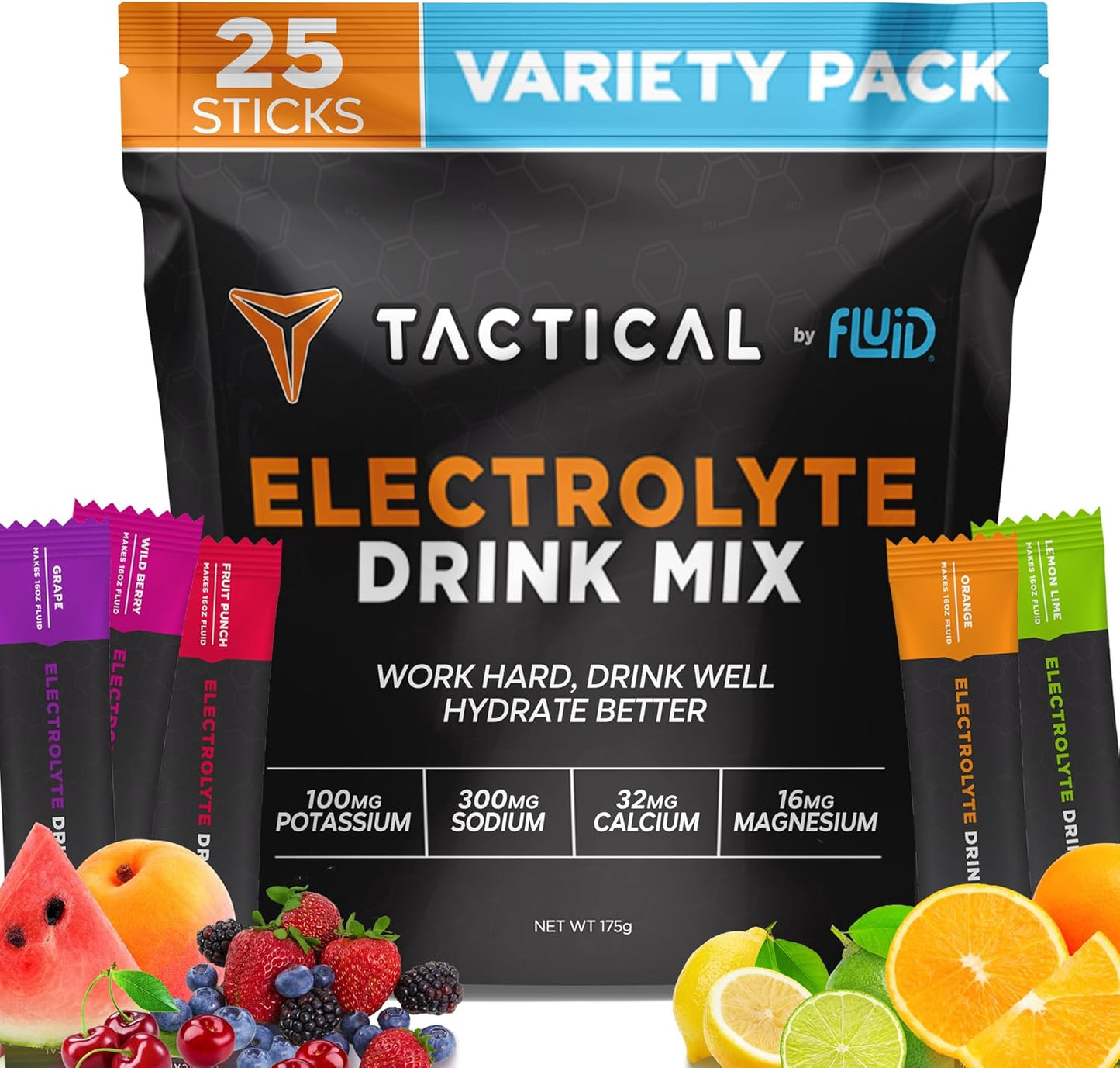 Tactical Hydration Powder, Instant Electrolytes, Reduce Fatigue, Prevent Dehydration, Eliminate Cramps (Variety Pack, 25 Stick Packs)