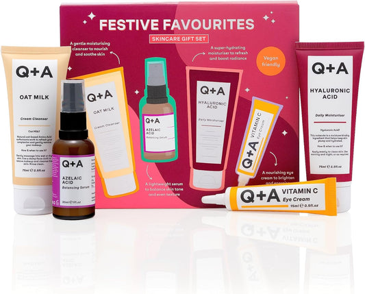 Q+A Festive Favourites Skincare Gift Set with Hyaluronic Acid Moisturising Cream, Cleanser Cream, Azelaic Acid Serum and Eye Contour Serum