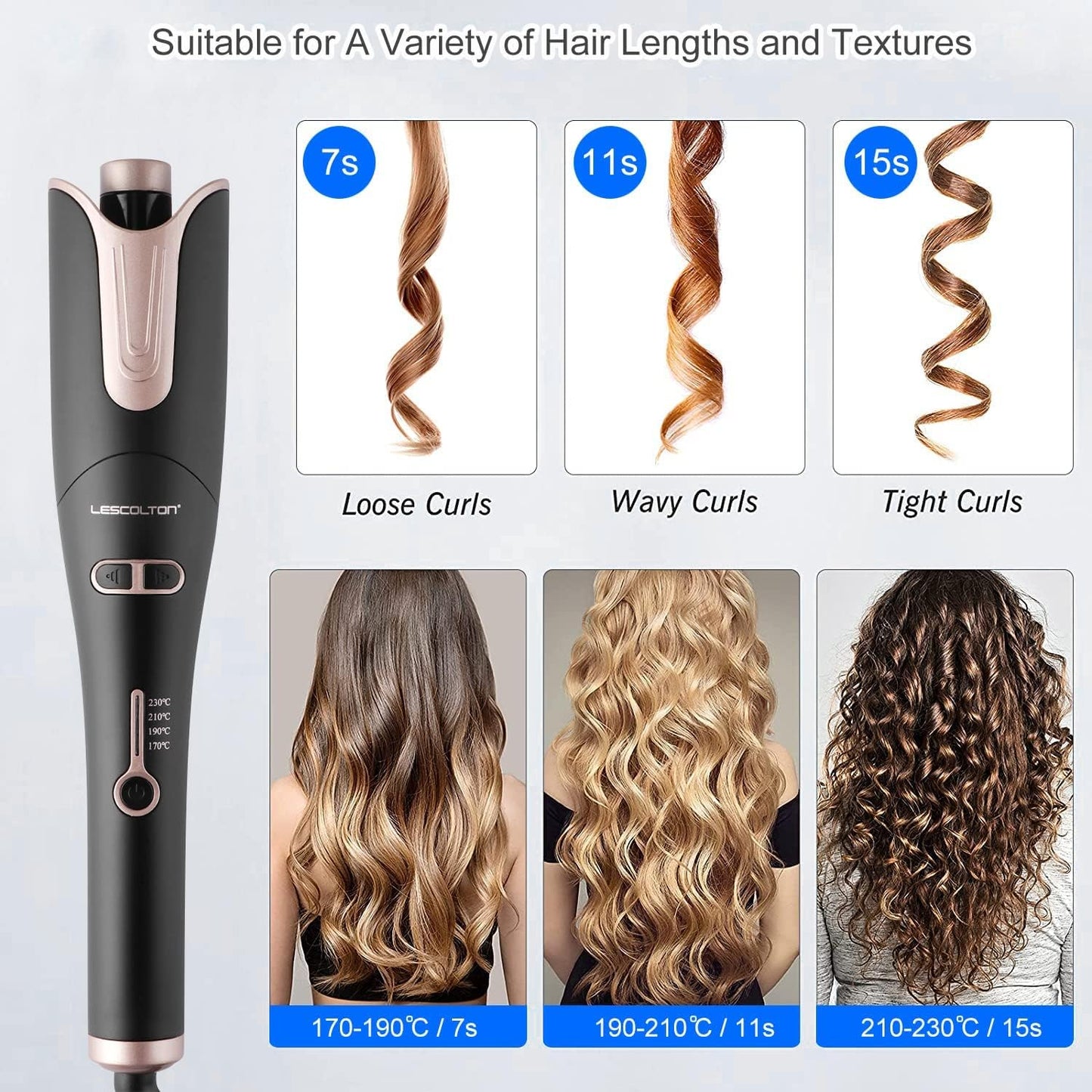 Professional Automatic Curling Iron, Smart Ceramic Curling Iron, 4 Temperature for Long or Short Dry Hair (Black)