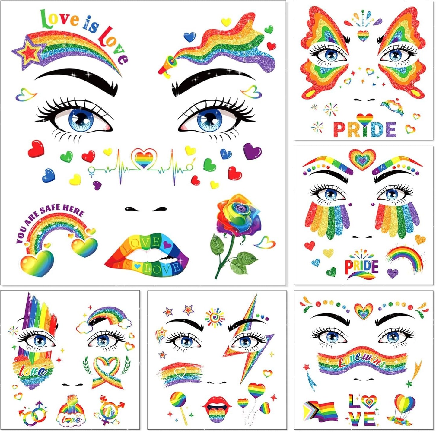 DPKOW Glitter Rainbow Face Tattoos LGBT Pride Temporary Tattoos for Pride Accessories, 12 Sheets Rainbow Flag Butterfly Heart Tattoo Stickers LGBT Gay Pride Makeup Accessories for LGBT Face Body Art