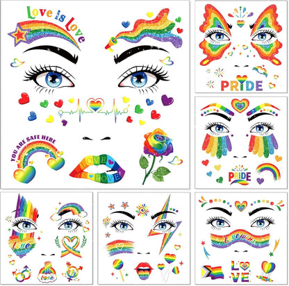DPKOW Glitter Rainbow Face Tattoos LGBT Pride Temporary Tattoos for Pride Accessories, 12 Sheets Rainbow Flag Butterfly Heart Tattoo Stickers LGBT Gay Pride Makeup Accessories for LGBT Face Body Art