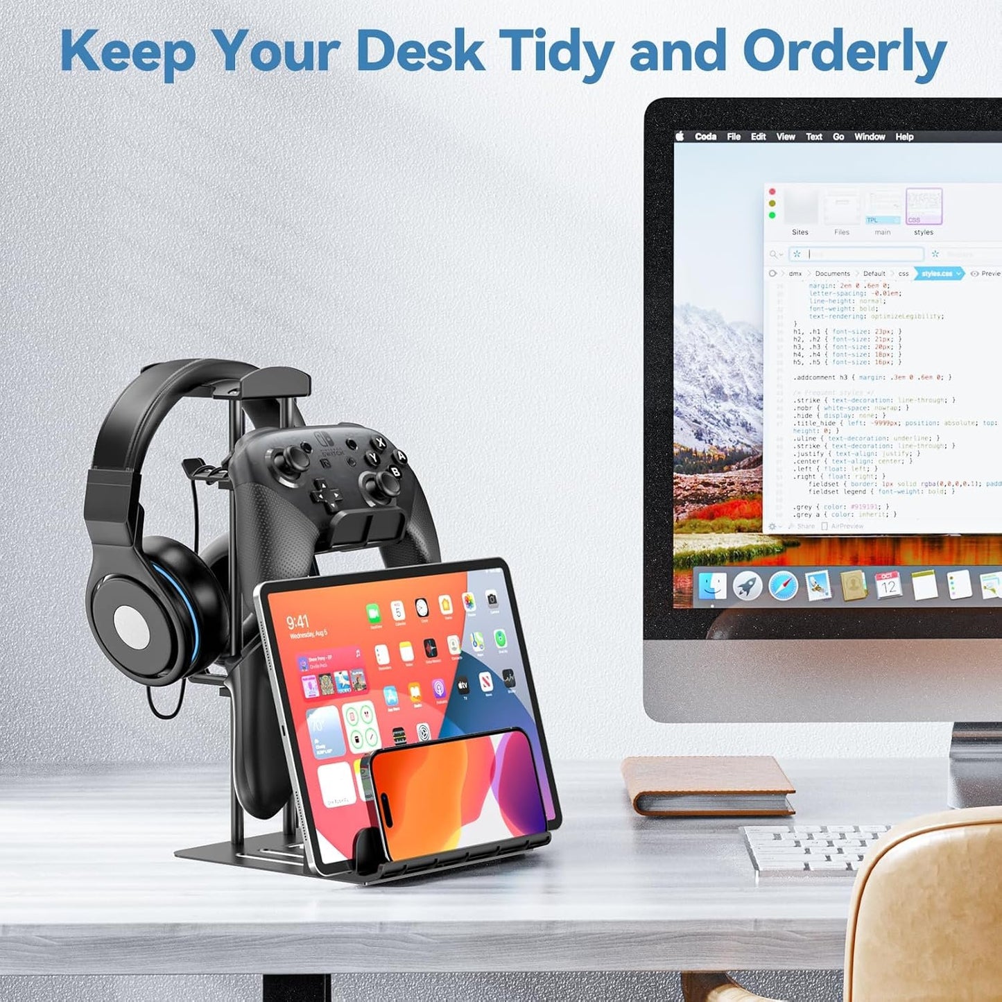 KDD Headphone Stand, Game Controller Holder & Headset Holder for Desk, Earphone Stand with Aluminum Supporting Bar, Universal Storage Organizer Headphones/Controller/Switch/iPad/Mobile Phone
