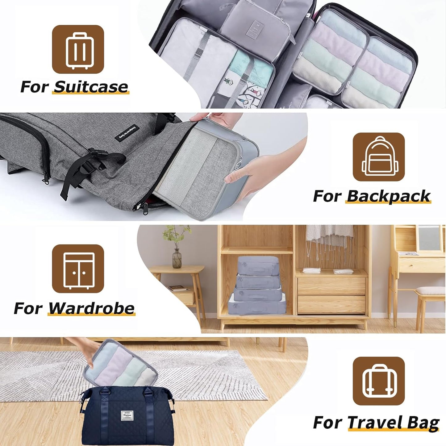SINZUX Space-Saving Suitcase Organizer, 10 Pieces Travel Suitcase, Grey Dividers Suitcase for Storing Clothes on Travel and Home, Packing Cubes for Cosmetics Clothing Shoes