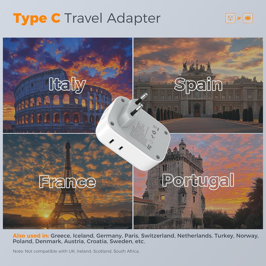 European Plug Adapter, TESSAN Type C Travel Adaptor with 4 Outlets 3 USB Ports (1 USB C), Power Plug for Canada/US to Most of EU Italy Spain France Germany, 2 Pack