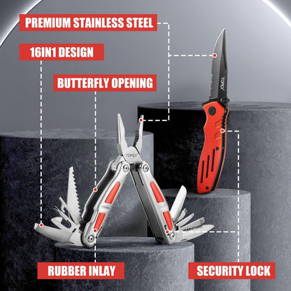 TOPEX 16-in-1 Multitool Pliers & Knife Set Professional Stainless Steel Multi-Function Tool with Safety Locking Folding Knife Pocket Knife for Camping Hiking Survival Fishing