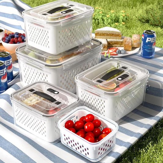 Fruit Storage Containers For Fridge, 5 Pack Leakproof Food Storage Containers with Removable Colander & Microwave Safe Fridge Organizer, Multi-Size Capacity with Lid & Colander for Home Kitchen