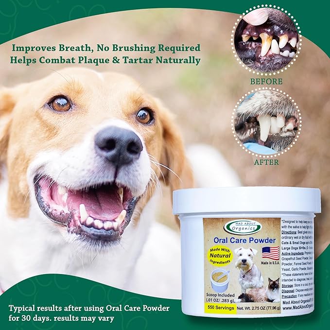 Dog or Cat Oral Care Powder – Tartar and Plaque Remover, Pet Dental Cleaning Powder for Oral Hygiene and Fresh Breath, Teeth Cleaner – 550 Servings, Medium Size - 77.96g