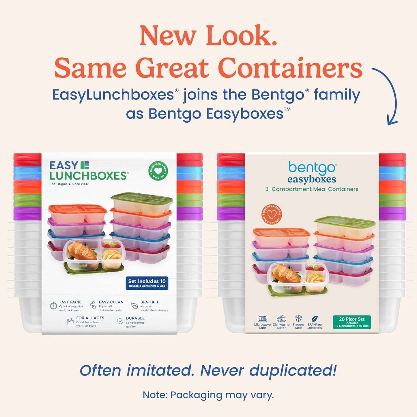 EasyLunchboxesÂ® - Original Stackable Lunch Boxes - Reusable 3-Compartment Food Containers for Kids and Adults - Bento Lunch Box for Meal Prep, School, & Work - BPA Free, Set of 10 (Classic)