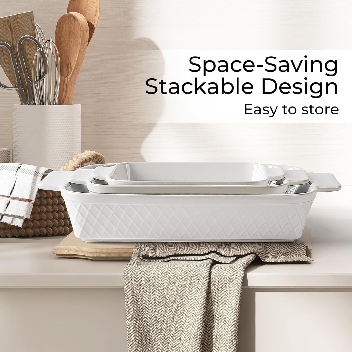 MIAMIO - Casserole Dish Set of 3 / Ceramic Rectangular Baking Pan, 3-Piece Stackable Bakeware Sets, 850 ml, 1650 ml, 2900 ml - Dishwasher and Oven Safe - Palmanova Collection