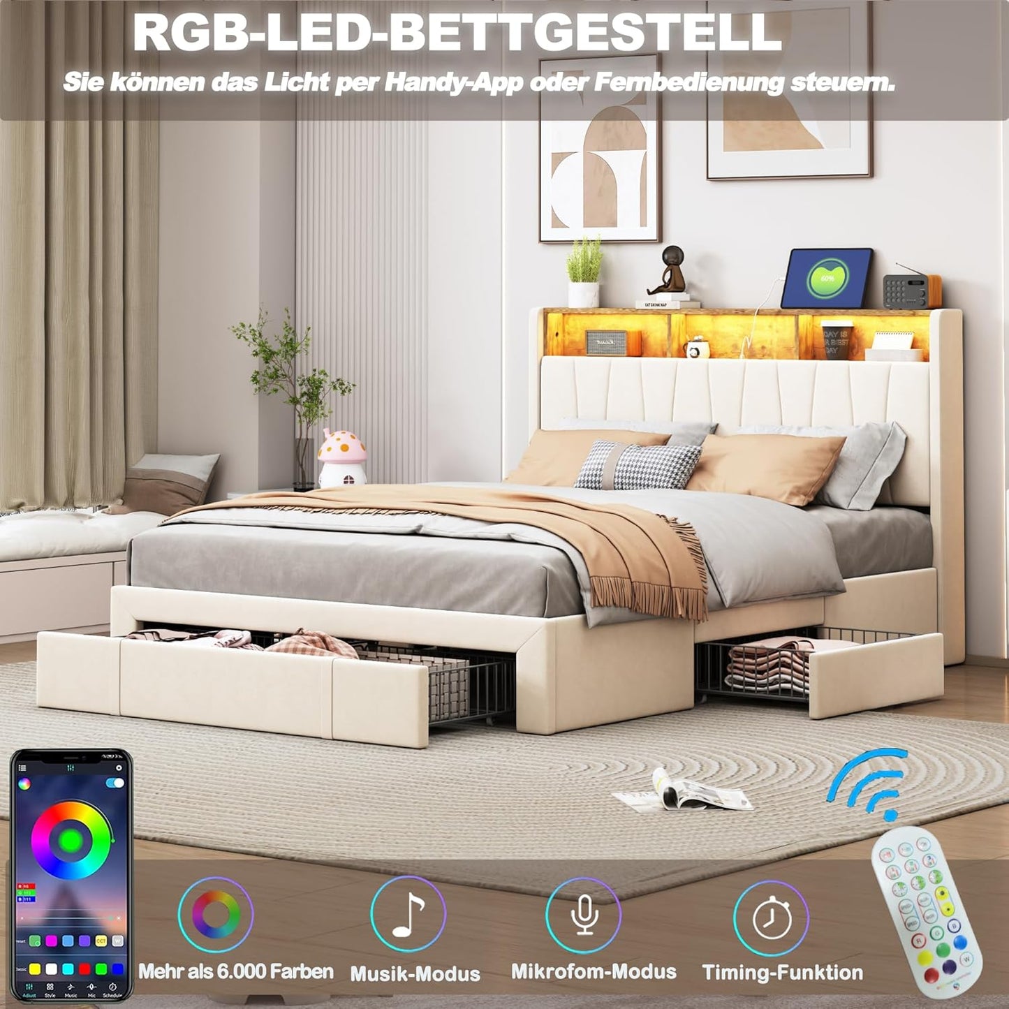 BRILVERDE Upholstered Bed, 160 x 200 cm, Double Bed with 4 Drawers and Slatted Base, LED Headboard with Storage, USB Charging Function, Velvet, Beige (160 x 200 cm)