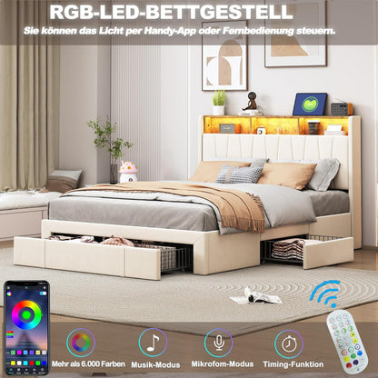 BRILVERDE Upholstered Bed, 160 x 200 cm, Double Bed with 4 Drawers and Slatted Base, LED Headboard with Storage, USB Charging Function, Velvet, Beige (160 x 200 cm)