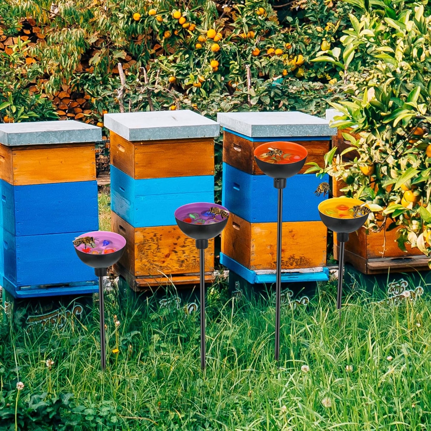 Lineshading 4 Pcs Bee Watering Station Butterfly Water Catcher Cups Small Insects Bee Feeders for Outside Feeding and Watering Metal Garden Stakes Garden Sculpture Decor