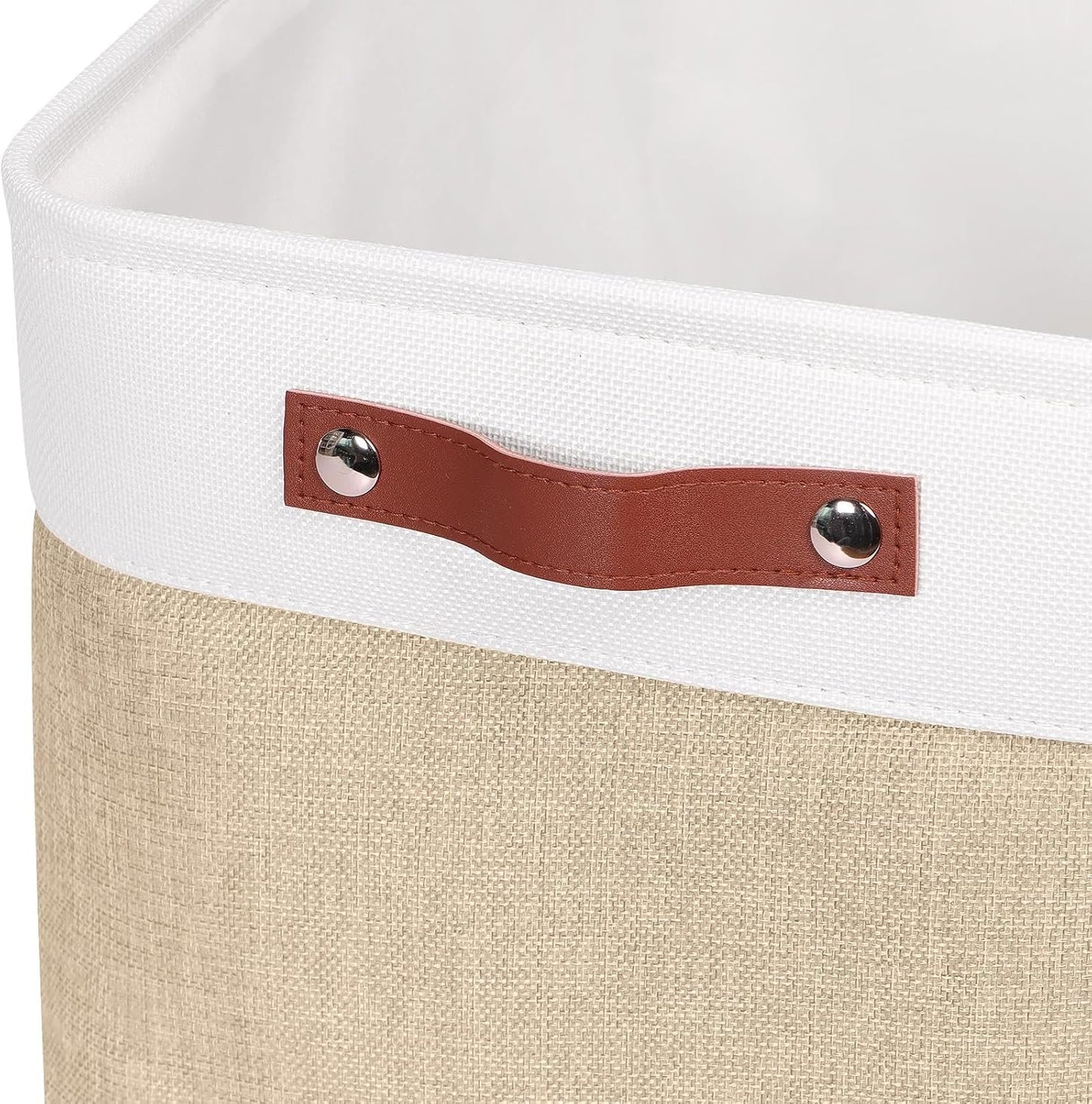 KEEGH Fabric Storage Bins,15 x 10.5 x 9.5 Foldable Storage Baskets Large Collapsible Organizer Baskets 3-Pack with Leather Handle for Home Nursery Organization,White/Brown