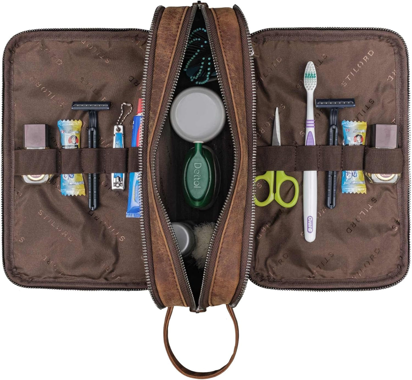 STILORD 'Catania' Women's Men's Leather Large Travel Beauty Case Make Up Bag Make Up Bag Make Up Bag Make-up Bag Make-up Beauty Case Men's Makeup Bag Genuine Leather, Zamora-Brown, Toiletry Bag