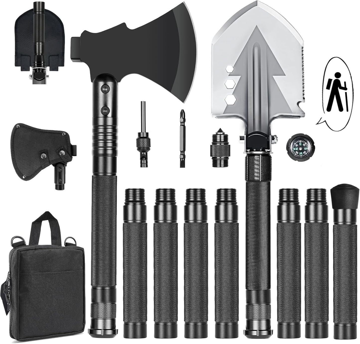 GOJAWAY Outdoor Camping Gear Tactical Shovel Axe Survival Multi tool, 55” Over-Length Trekking Pole Off Road Kit Military Grade for Garden Entrenching Car Emergency Heavy Duty Cold Steel Folding Spade