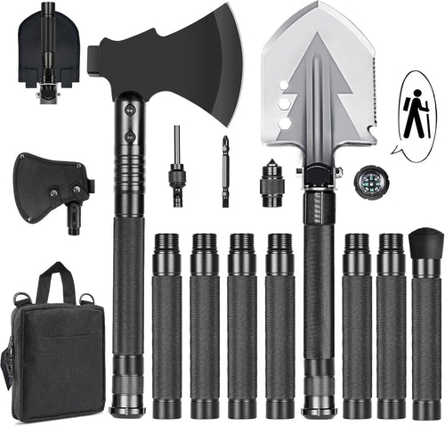 GOJAWAY Outdoor Camping Gear Tactical Shovel Axe Survival Multi tool, 55” Over-Length Trekking Pole Off Road Kit Military Grade for Garden Entrenching Car Emergency Heavy Duty Cold Steel Folding Spade