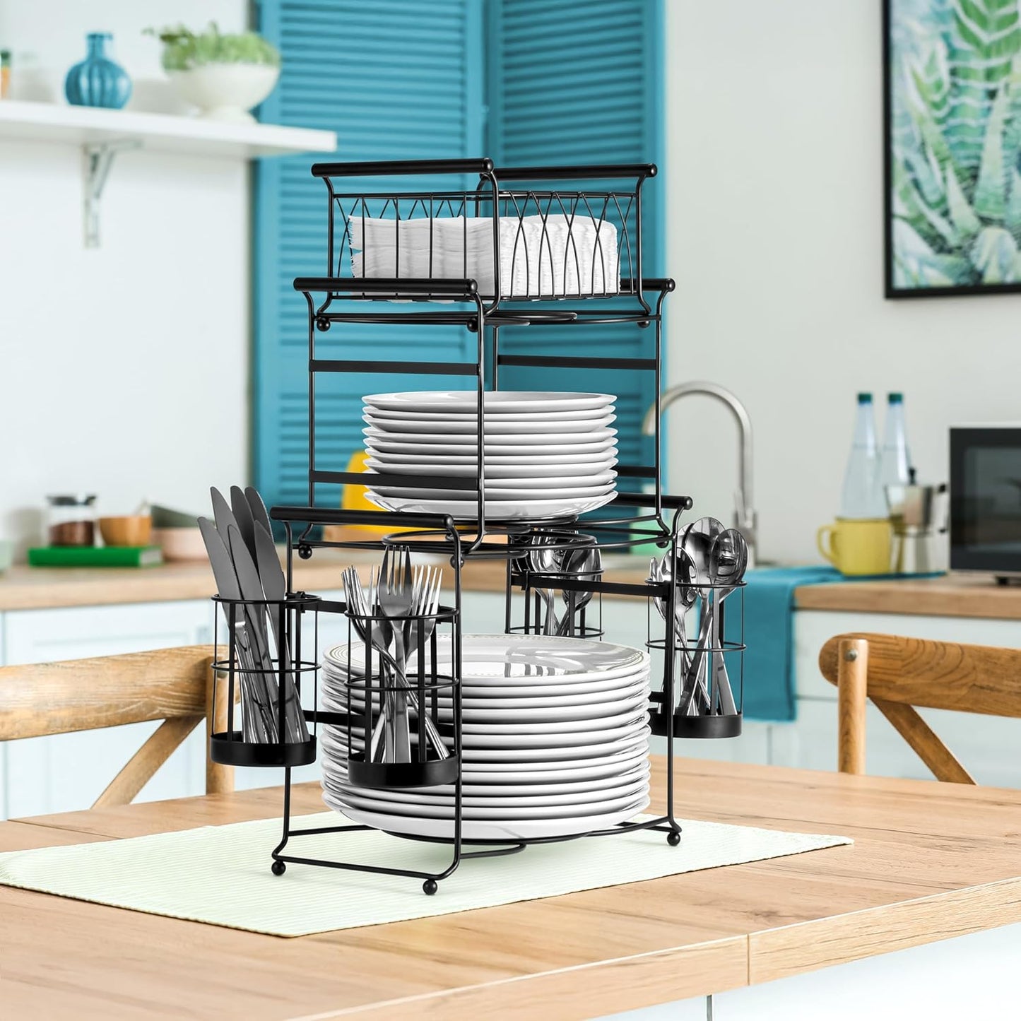Sorbus Buffet Caddy — 7-Piece Stackable Set Includes Plate, Napkin, and Silverware Holder, 3-Tier Detachable Tabletop Organizer — Ideal for Kitchen, Dining, Entertaining, Parties,Thanksgiving (Black)