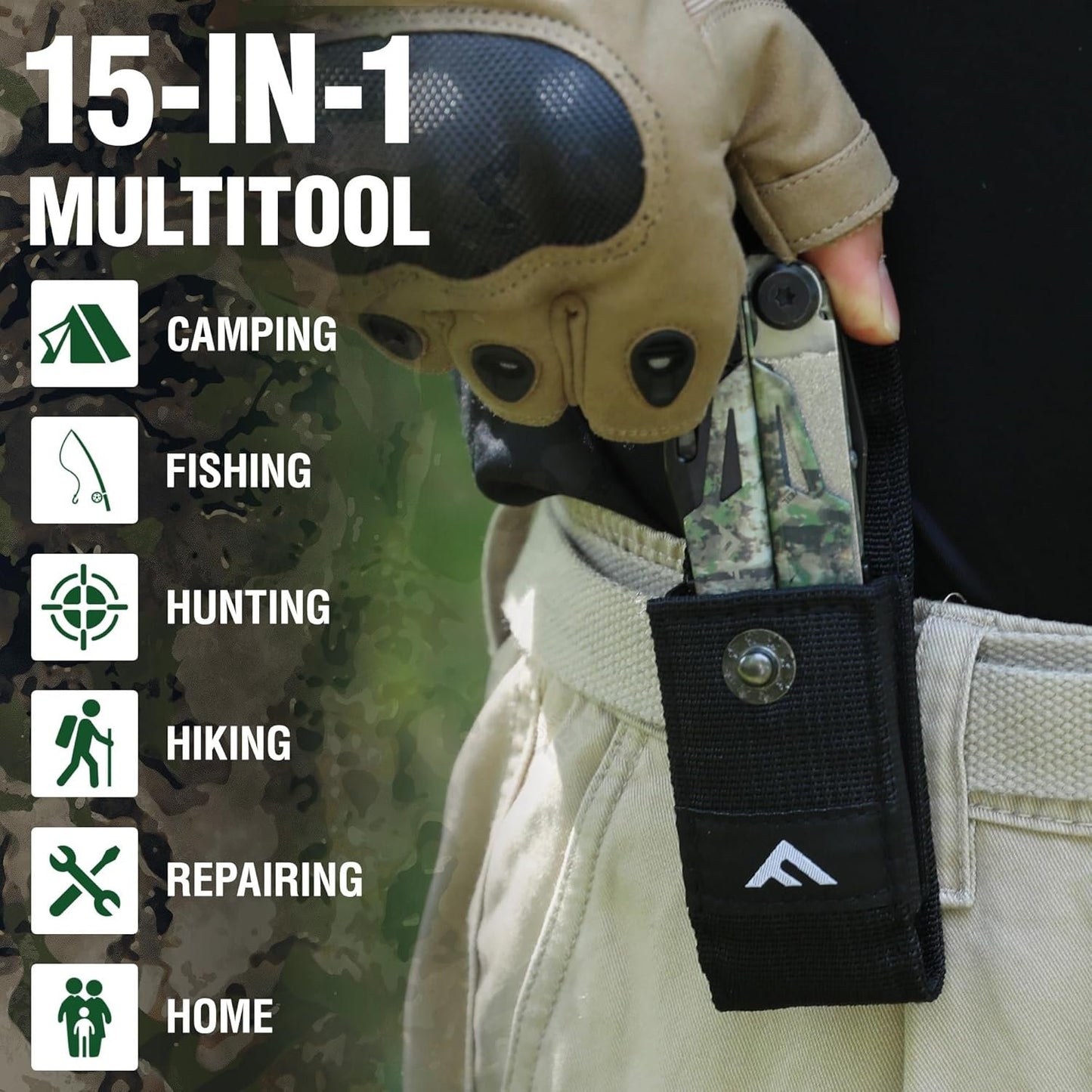 FLISSA 15-in-1 Multitool Pocket Knife with Sheath, Durable Stainless Steel Multi Tool Pliers for Men, Camo All-in-One Tool