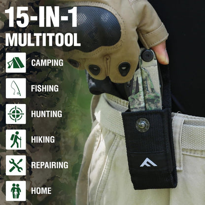 FLISSA 15-in-1 Multitool Pocket Knife with Sheath, Durable Stainless Steel Multi Tool Pliers for Men, Camo All-in-One Tool