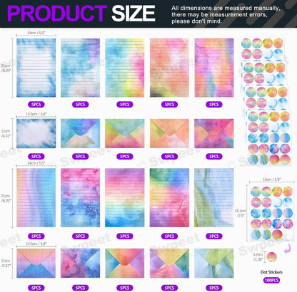 Swpeet 200Pcs 10 Designs Watercolor Stationery Set, Including 50pcs Watercolor Lined Stationery Paper, 50pcs Envelopes and 100 Stickers Ideal for Writing Poems Lyrics Wedding Invitations