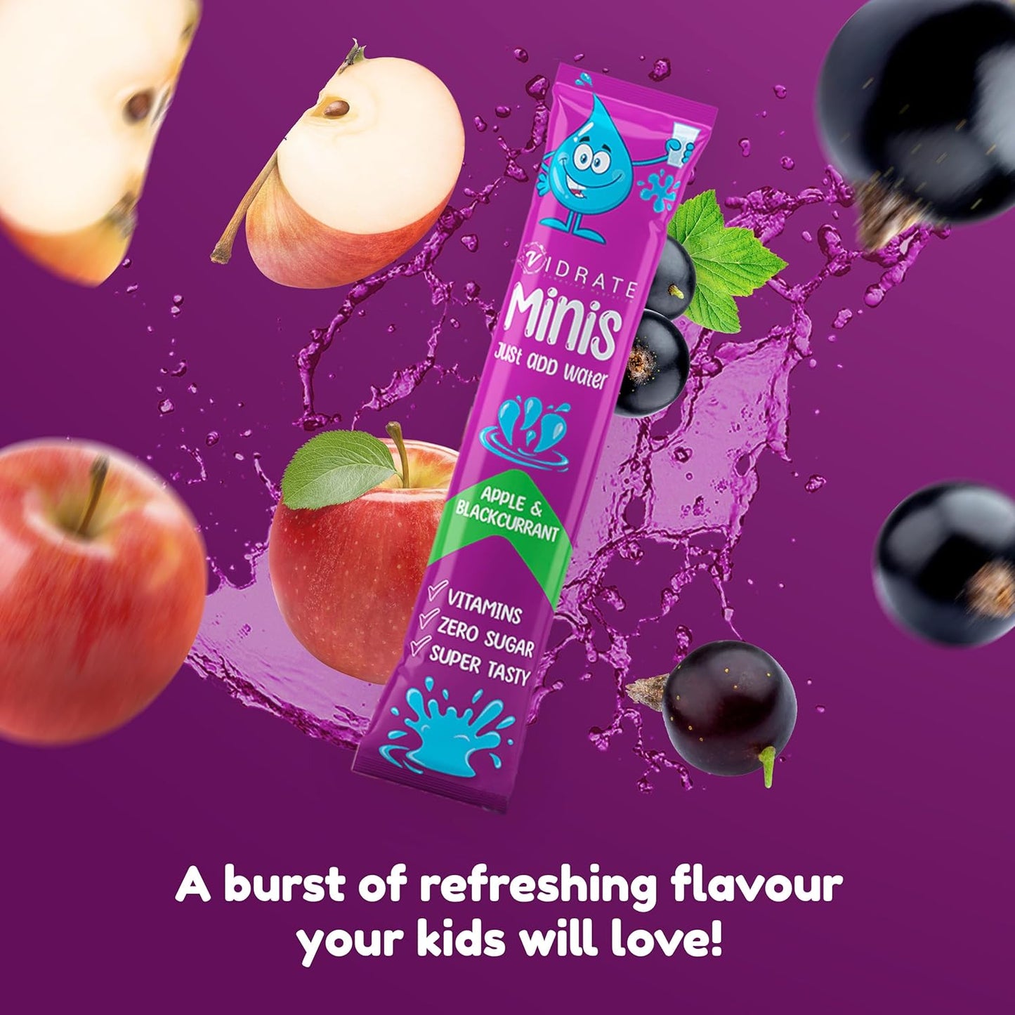 Vidrate Electrolyte Powder for Kids - Apple & Blackcurrant Flavoured Vitamin Water with Natural Ingredients & Zero Sugar - Hydration Drink for School & Sports - 20 Pack Minis Electrolyte Sachets