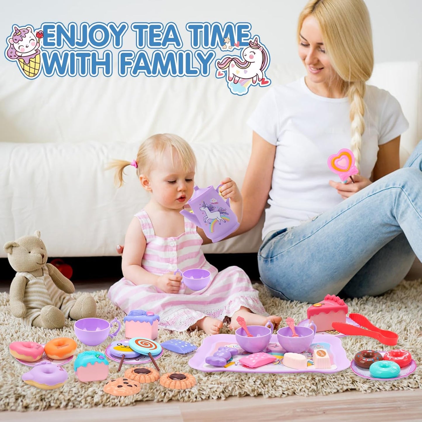 REMOKING 45PCS Unicorn Toys Tea Party Set for Girls,Birthday Gifts for Toddler Age 3+, Pretend Teapot,Dessert Playset, Carrying Case for Role Play,Princess Toy for 2-6 Year Old Kids