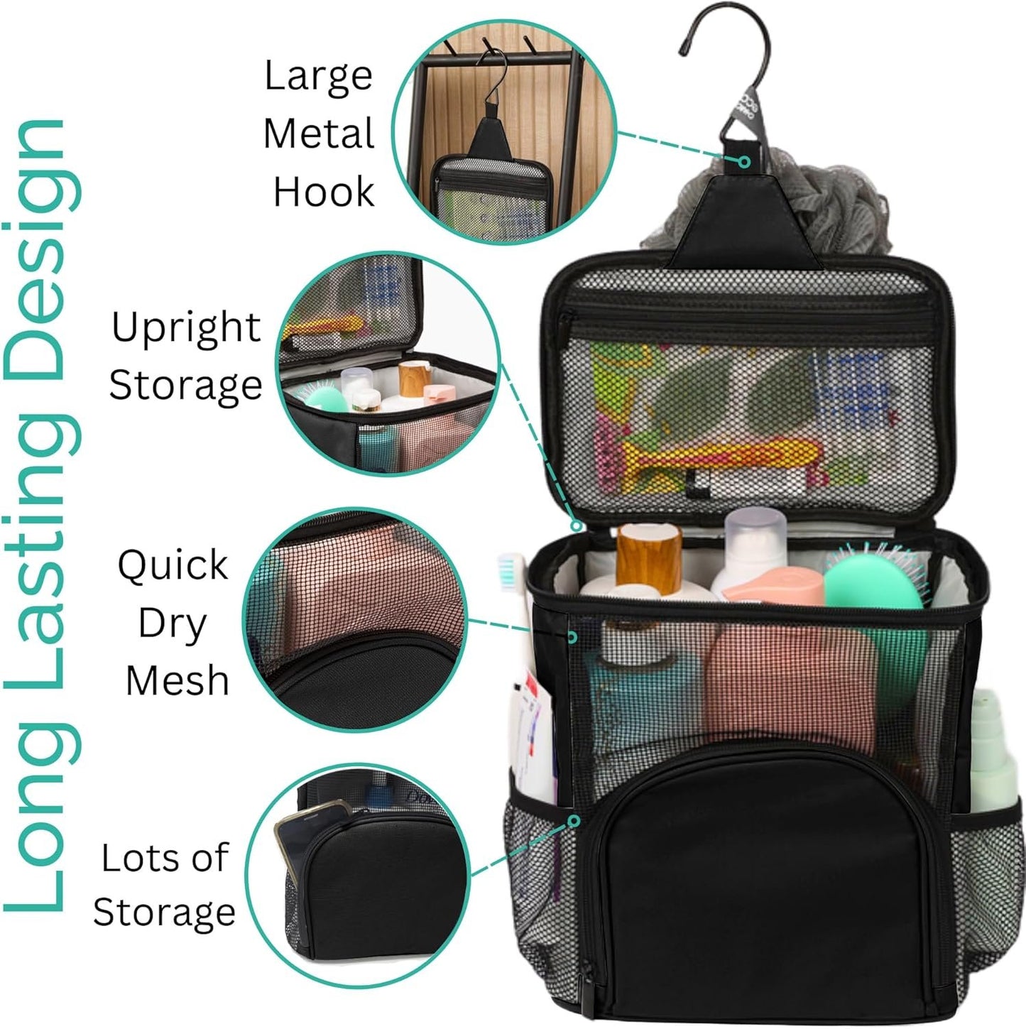 TERRA HOME Original Portable Shower Caddy For College Dorms - Foldable Mesh Tote - Dorm Room Essentials - Durable Hanging Travel Shower Bag - Perfect for College Students, Men, Women (Black)
