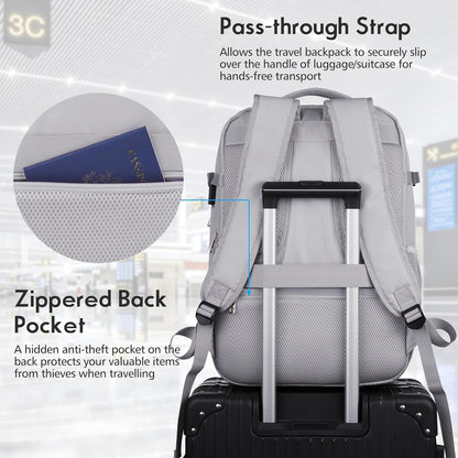 MOMUVO Large Travel Backpack Women, Flight Approved Carry On Backpack, Water Resistant Anti-Theft Large Casual Daypack Fit 17 Inch Laptop with USB Charging Port, Grey