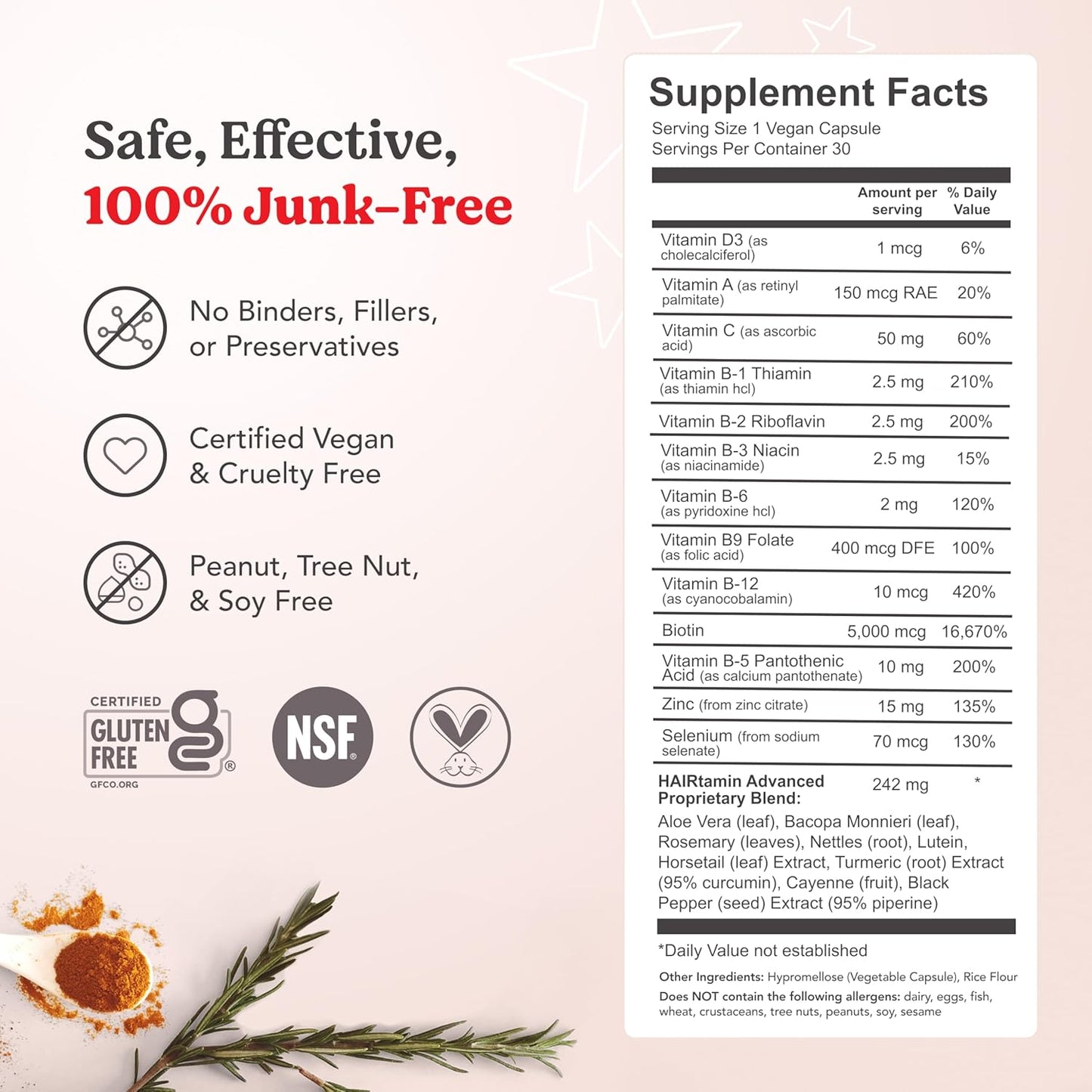 HAIRtamin Fast Hair Growth Biotin Vitamins Gluten Free thirty Vegetarian Capsules Supports Stronger Longer Thicker Hair Reduces Hair Loss and Thinning All Natural Supplement three pack