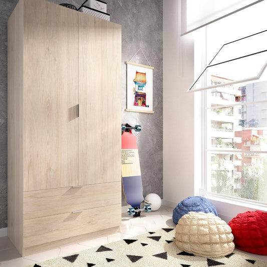 Dmora - Wardrobe Pisanino, Wardrobe for Bedroom, Wardrobe with 2 Hinged Doors and 2 Drawers, 81 x 52 x 184 cm, Oak