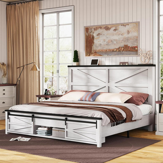 Jocisland 48.8" Farmhouse Wood Bed Frame Full Size with Sliding Barn Door Storage Cabinets and Headboard, No Box Spring Needed, Solid Wood Slats Support, No Squeak, Antique White