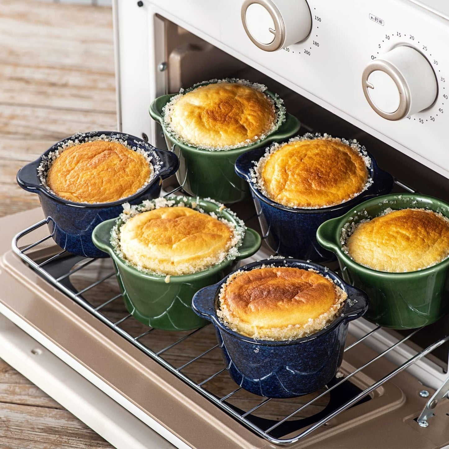 Creme Brulee Ramekins Ceramic Bowls - VICRAYS Mini Custard Cups 8 oz oven Safe Bowls Souffle Dishes for Baking Individual Casserole Dipping Sauce Pioneer Woman Bakeware Set of 6, Blue