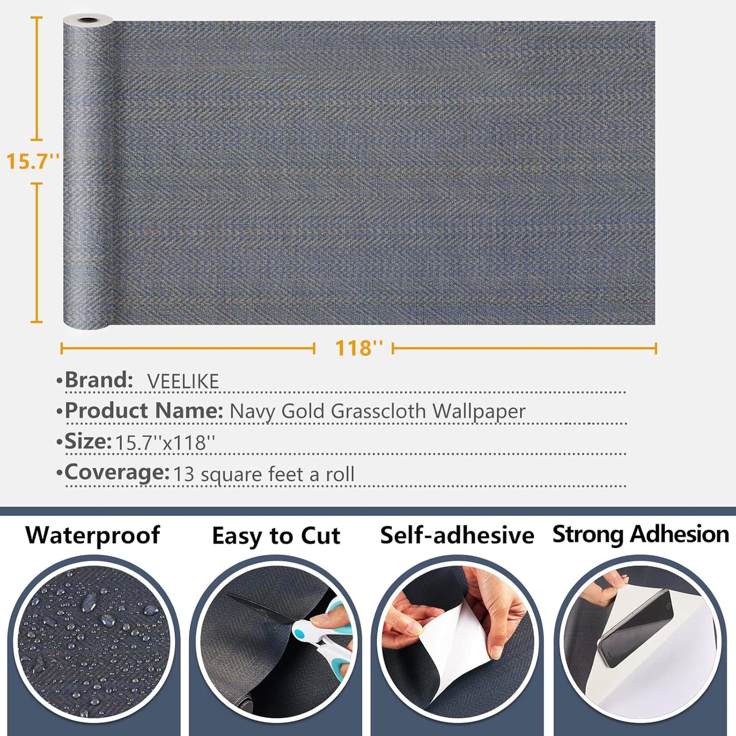 VEELIKE Blue and Gold Grass Sheet Adhesive Paper Vintage Blue Fabric Wallpaper Adhesive Film for Furniture Wallpaper Bedroom Furniture Sticker Bango 40 cm x 300 cm