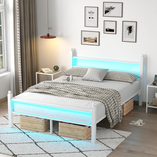 CollaredEagle Full Bed Frame with Headboard and Footboard,Heavy Duty Steel Slats Support Metal Bed Frame with Charging Station,White, BF002-WH-F-CE4