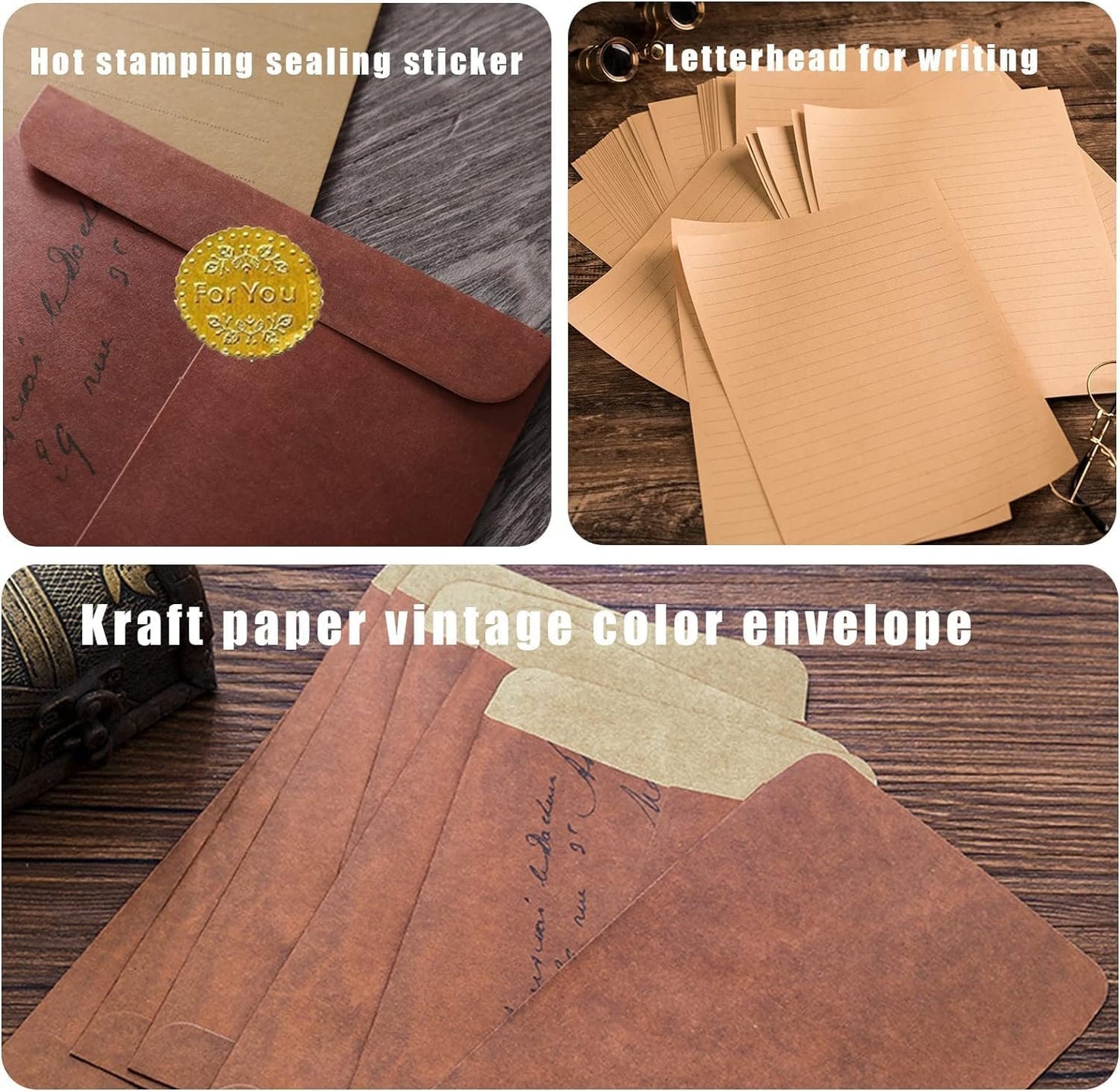 50 Pieces Vintage Stationery Paper and 16 Pieces Brown Envelopes and 18 Pieces Stickers,Vintage Stationery Writing Paper Letter Writing Paper Stationary Letter Paper for Writing Letter (Red Brown)