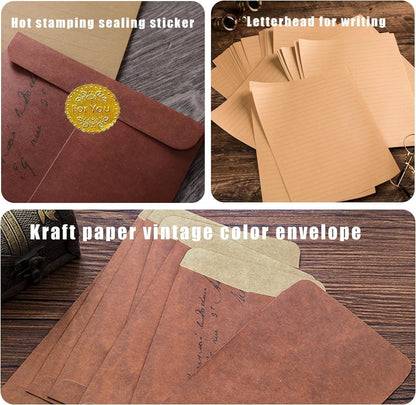 50 Pieces Vintage Stationery Paper and 16 Pieces Brown Envelopes and 18 Pieces Stickers,Vintage Stationery Writing Paper Letter Writing Paper Stationary Letter Paper for Writing Letter (Red Brown)