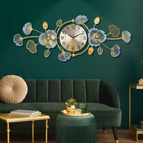 Lafocuse 37x14 Inch Silent Metal Modern Ginkgo Leaf Wall Clock for Living Room, Blue and Gold Large Wall Clock for Home Decor, Horloge Murale Decorative for Dinning Room Bedroom Office Kitchen