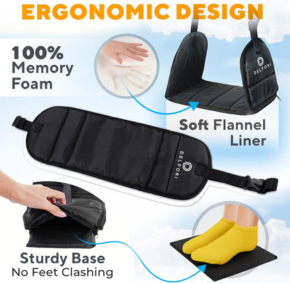 Portable Airplane Footrest for Airplane Travel - Comfortable Foot Hammock w/Memory Foam & Hardboard for Improved Blood Circulation, Swelling & Soreness Relief - Perfect Foot Rest for Airplane Travel