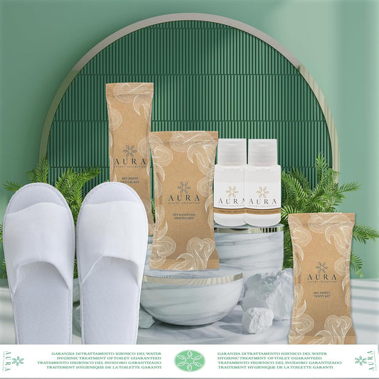 Aura Luxury Collection 260 Piece Kit with Body Cream, Shower Shampoo, Luxury Disposable Slippers, Vanity Set, Shaving Set, Oral Care Set + 500 Bands Guarantee!