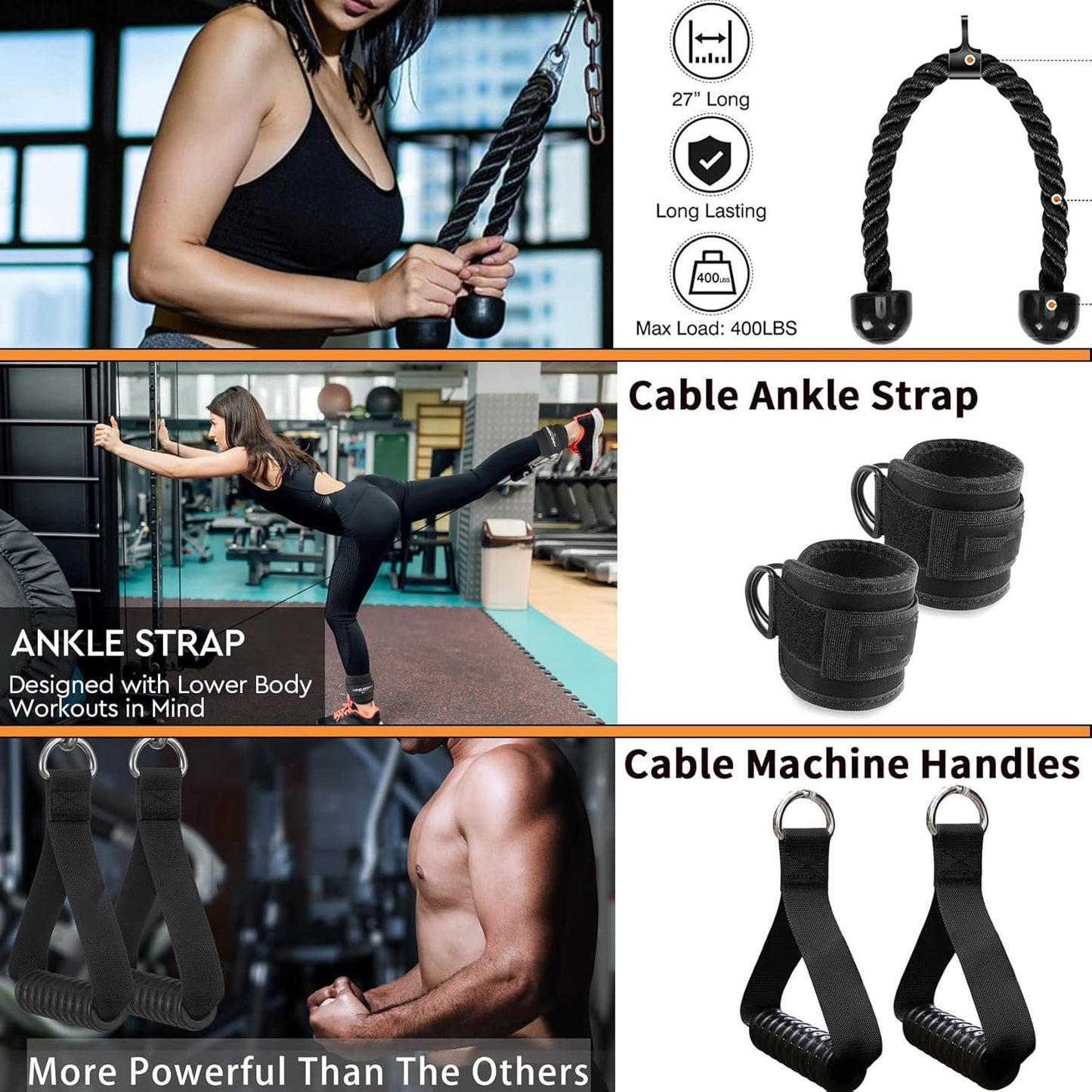 WNOEY Cable Machine Accessories, Cable Rowing Machine Handle Attachments, LAT Pull Down Attachment. Multi-Option: Double D Handle, V-Shaped Bar, Tricep Rope, Rotating Straight Bar