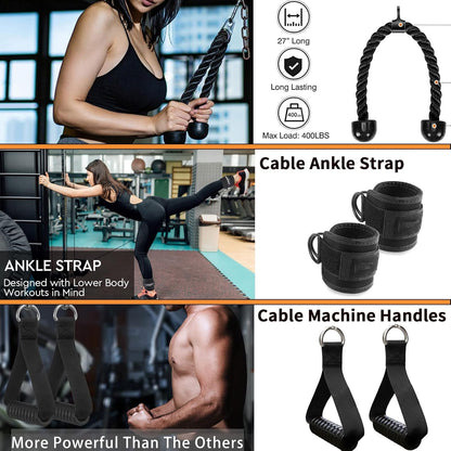 WNOEY Cable Machine Accessories, Cable Rowing Machine Handle Attachments, LAT Pull Down Attachment. Multi-Option: Double D Handle, V-Shaped Bar, Tricep Rope, Rotating Straight Bar