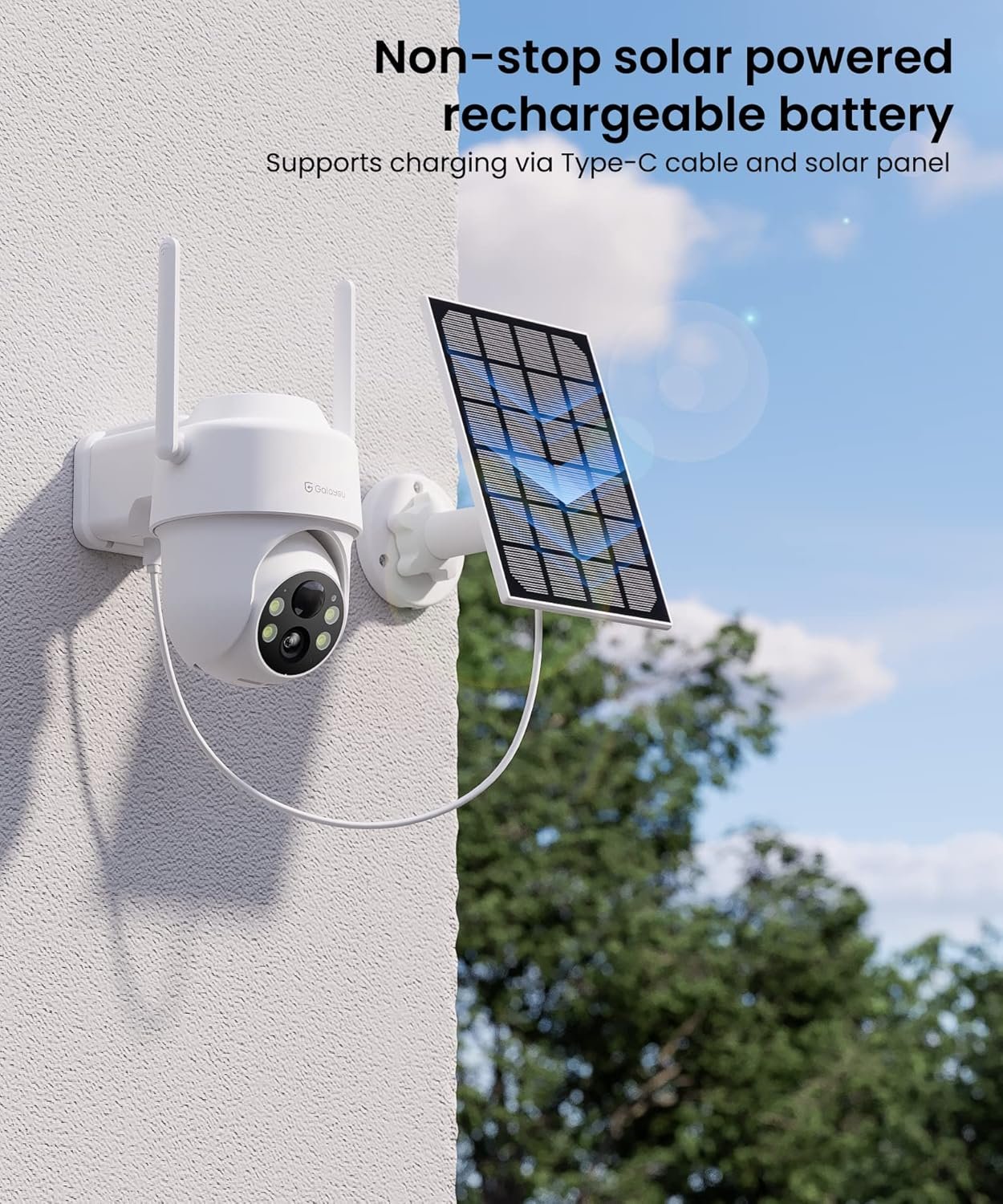 GALAYOU Solar Security Camera WiFi Wireless Outdoor, 360Â° PTZ Battery Powered Camera for Home with Color Night Vision, PIR Alert, 2-Way Audio, Compatible with Alexa/Google Home, R1