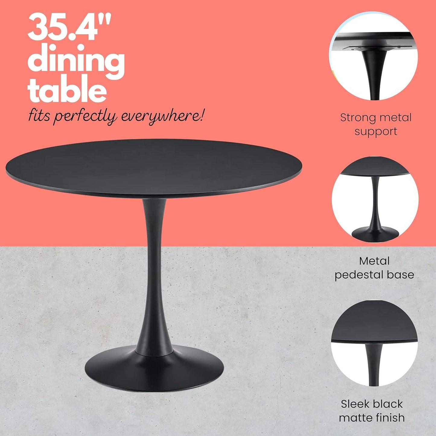 Aykah 35 Inch Round Black Dining Table for 4 - Manufactured Wood Top Round Dining Table - Saves Space with Metal Pedestal Base for Dining Room, Kitchen, Living Room (Black)