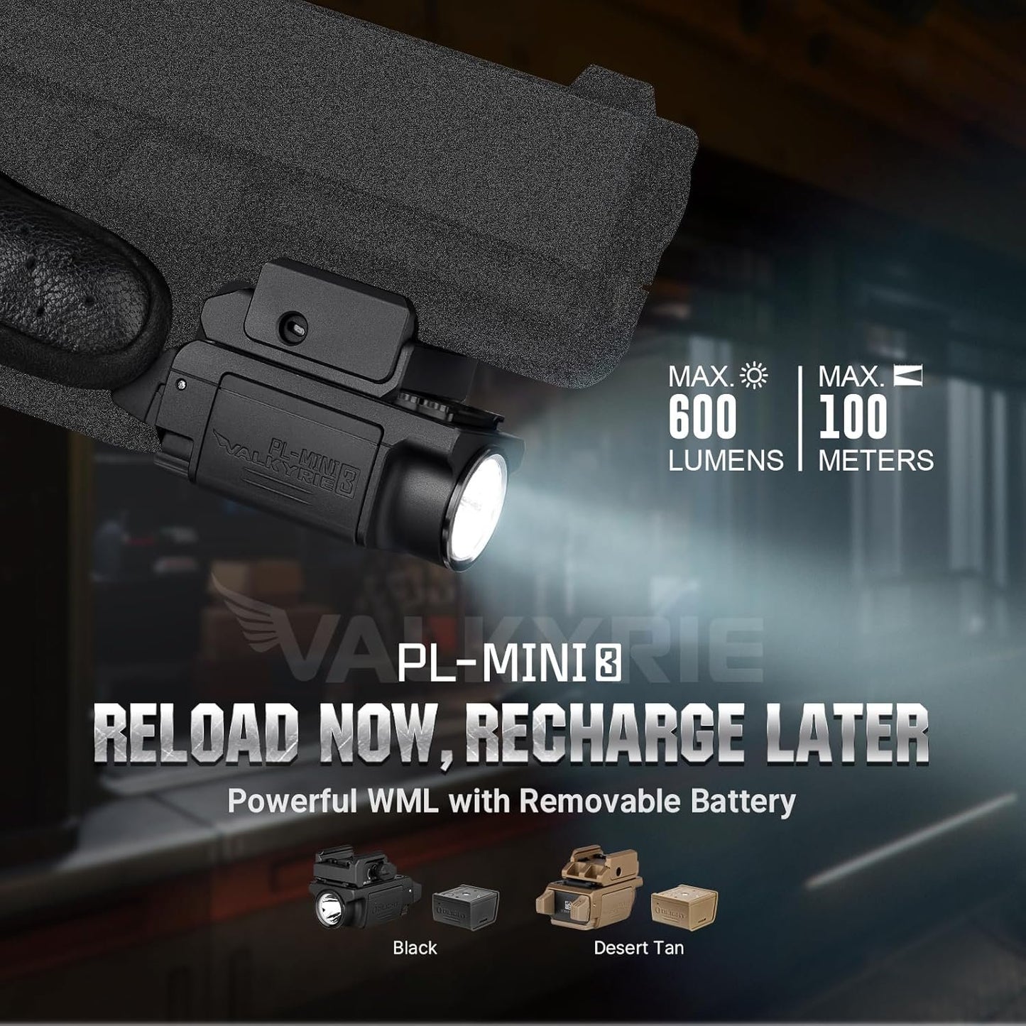 OLIGHT PL-MINI 3 Valkyrie Rail-Mounted Rechargeable Tactical Flashlight with Strobe and Adjustable Rail, 600 Lumens Compact Flashlight Compatible with GL, Hellcat and Pic, Spare Battery Included (BK)