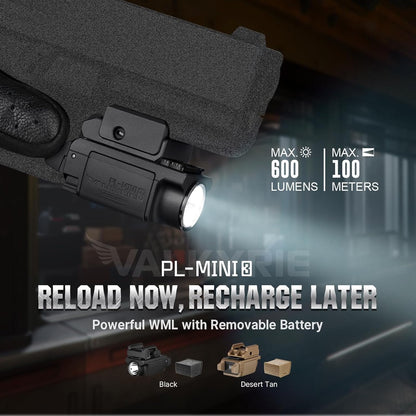 OLIGHT PL-MINI 3 Valkyrie Rail-Mounted Rechargeable Tactical Flashlight with Strobe and Adjustable Rail, 600 Lumens Compact Flashlight Compatible with GL, Hellcat and Pic, Spare Battery Included (BK)